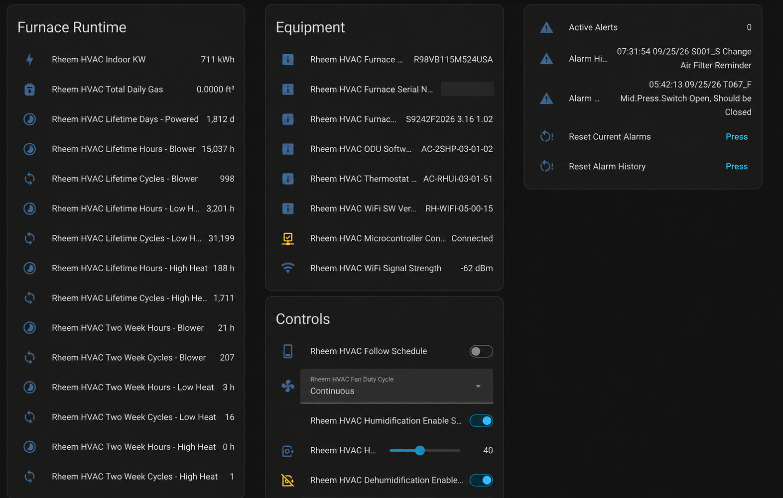 Home Assistant advanced HVAC dashboard with runtime statistics, equipment versions, controls, and alarm history